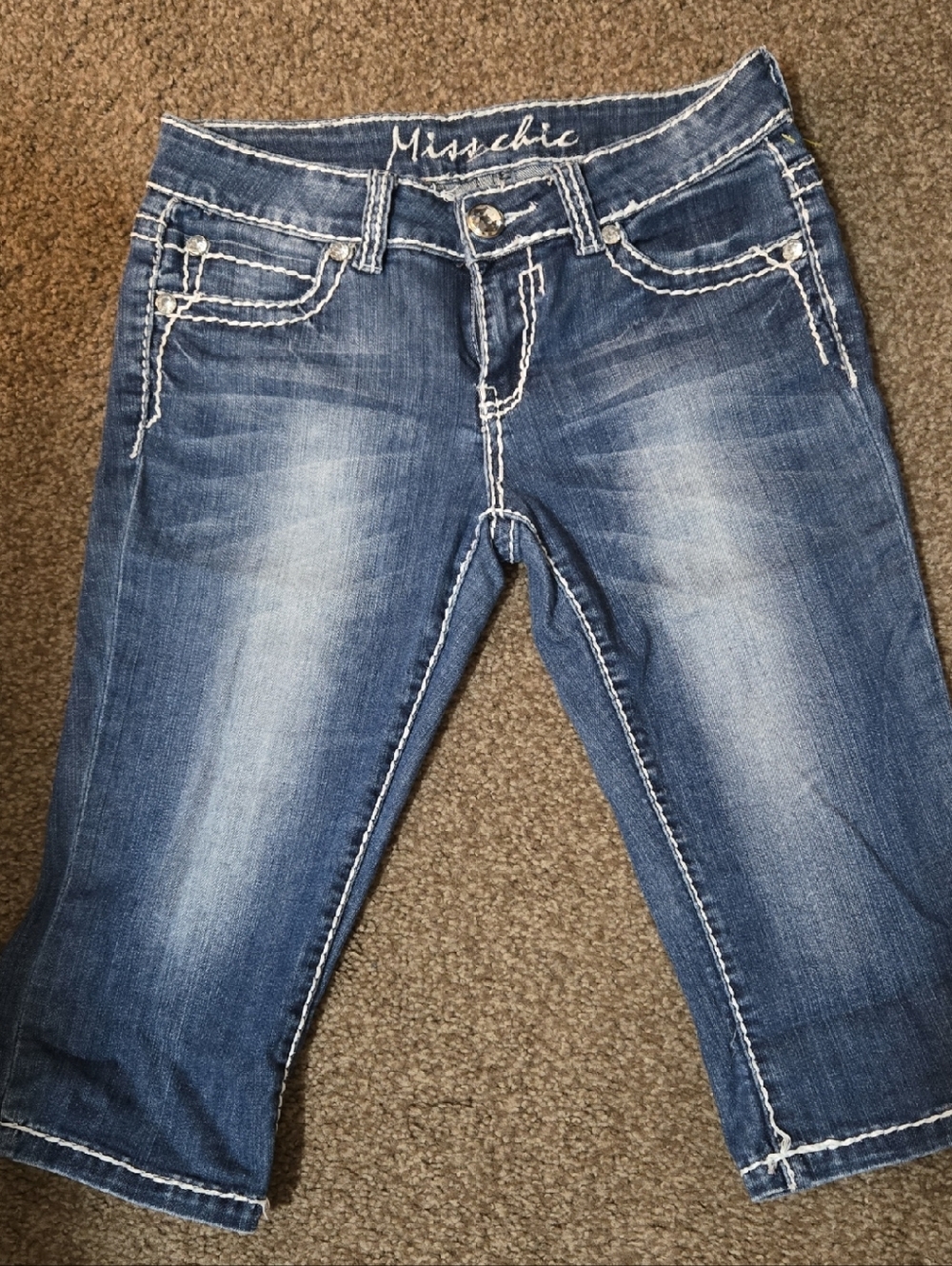 Miss Chic Jeans Medium Blue Cropped Denim with White Contrast Stitching